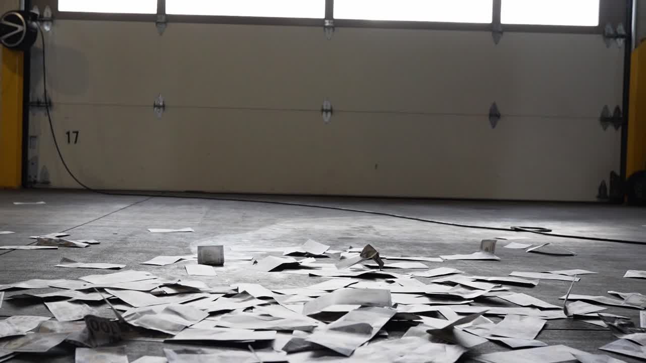 베이 문 앞 트럭 및 트레일러 수리점에서 슬로우 모션으로 떨어지는 많은 돈