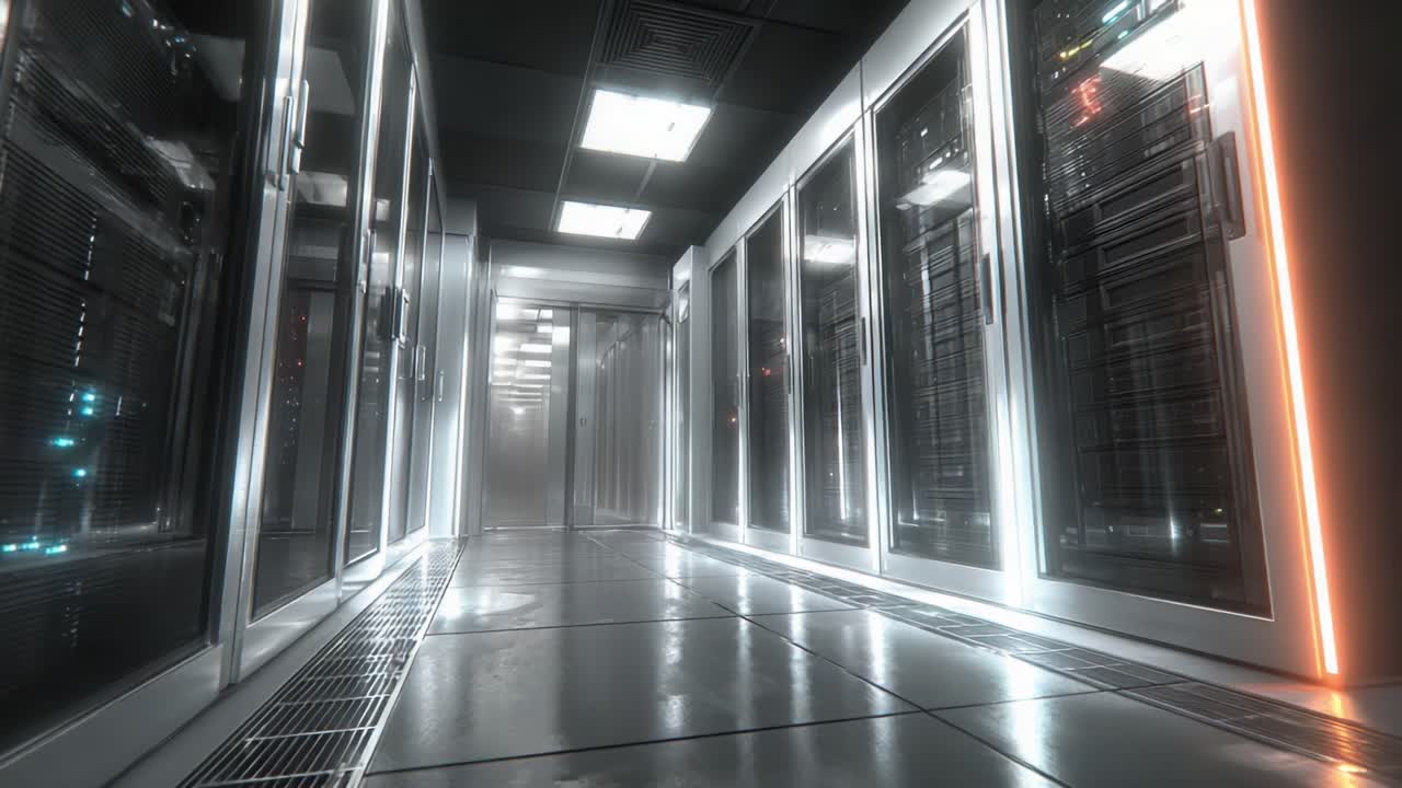 Esplorare un data center moderno: una prospettiva high-tech su una server room con attrezzature all'avanguardia e rack illuminati in un ambiente elegante e organizzato