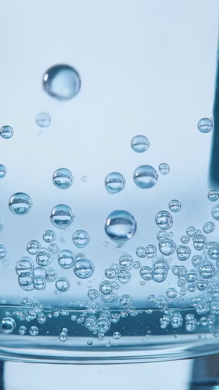 Video verticale: immagine di un bicchiere di acqua frizzante che forma bolle, si uniscono e salgono fino al bordo del tavolo