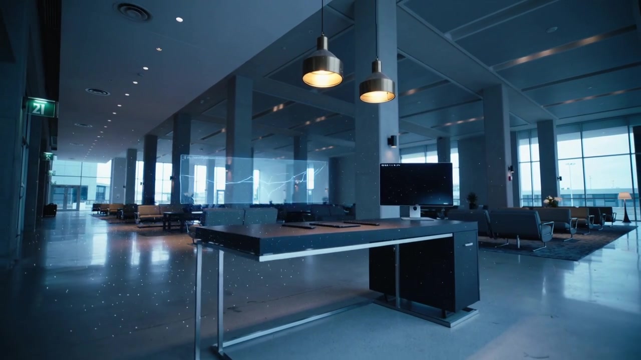 Animating central work desk hologram panels in open-plan office lobby, forming blue particle stream