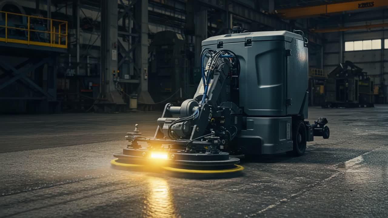 Advanced Industrial Floor Cleaning Machine in Action, Demonstrating State-of-the-Art Technology with Precision and Efficiency for Optimal Cleaning Performance