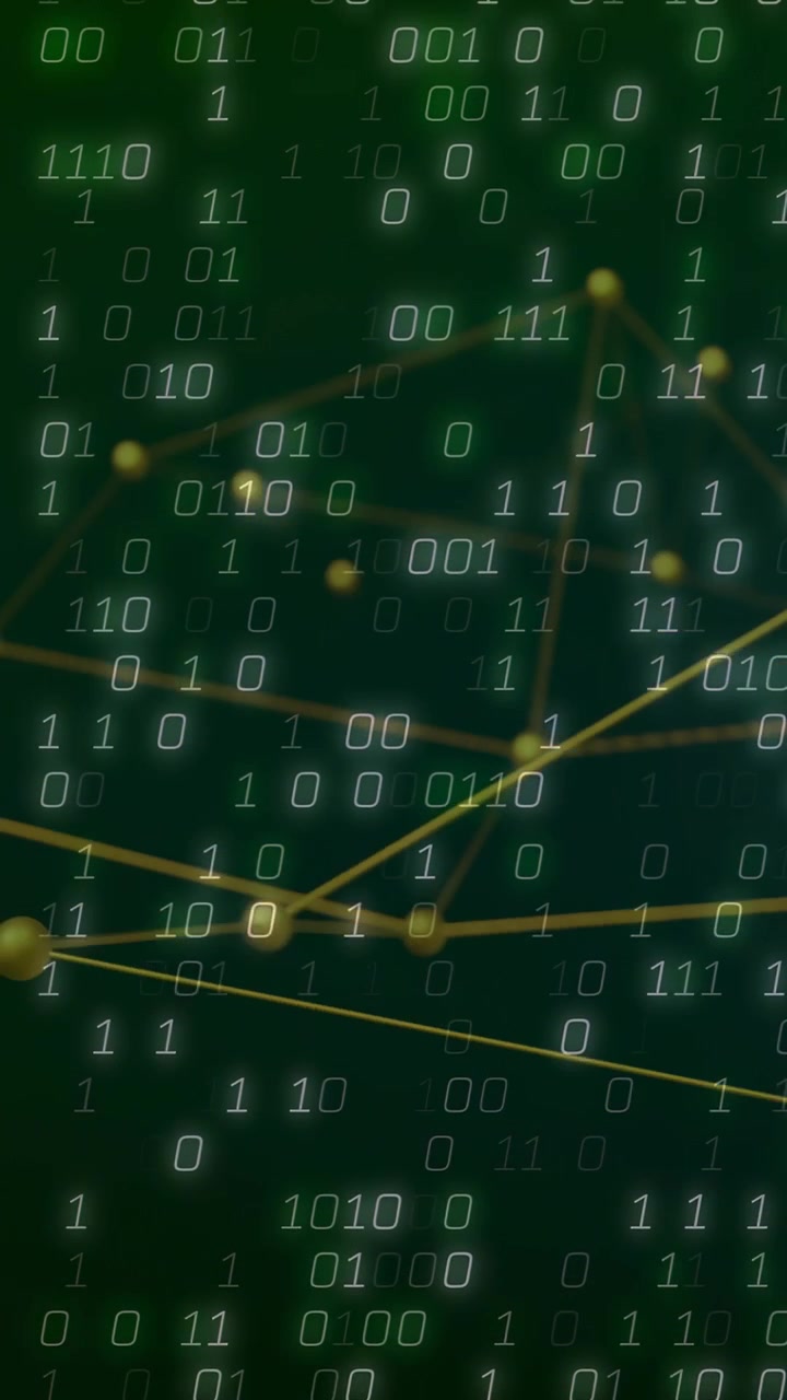 Vertical video: Rising binary stream making golden mesh slide and turn to reveal data layers