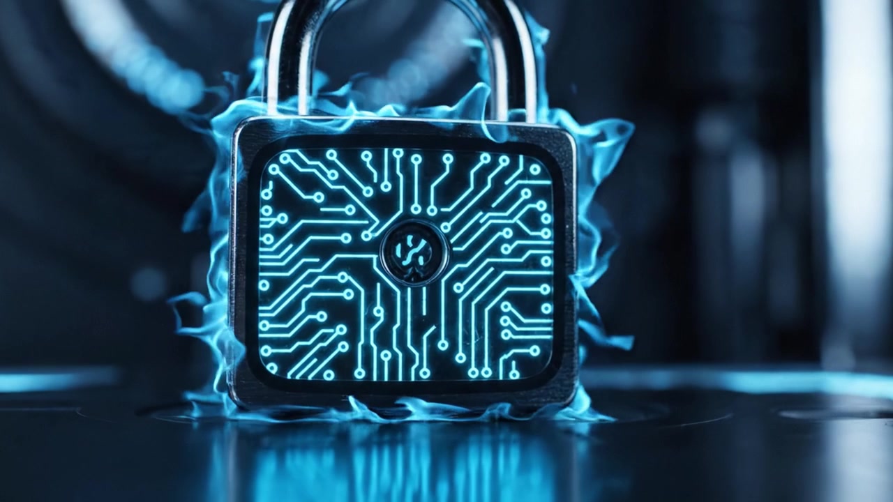 A futuristic padlock showcases digital circuitry patterns, transitioning from a static state to one engulfed in blue flames, symbolizing security and innovation in technology.