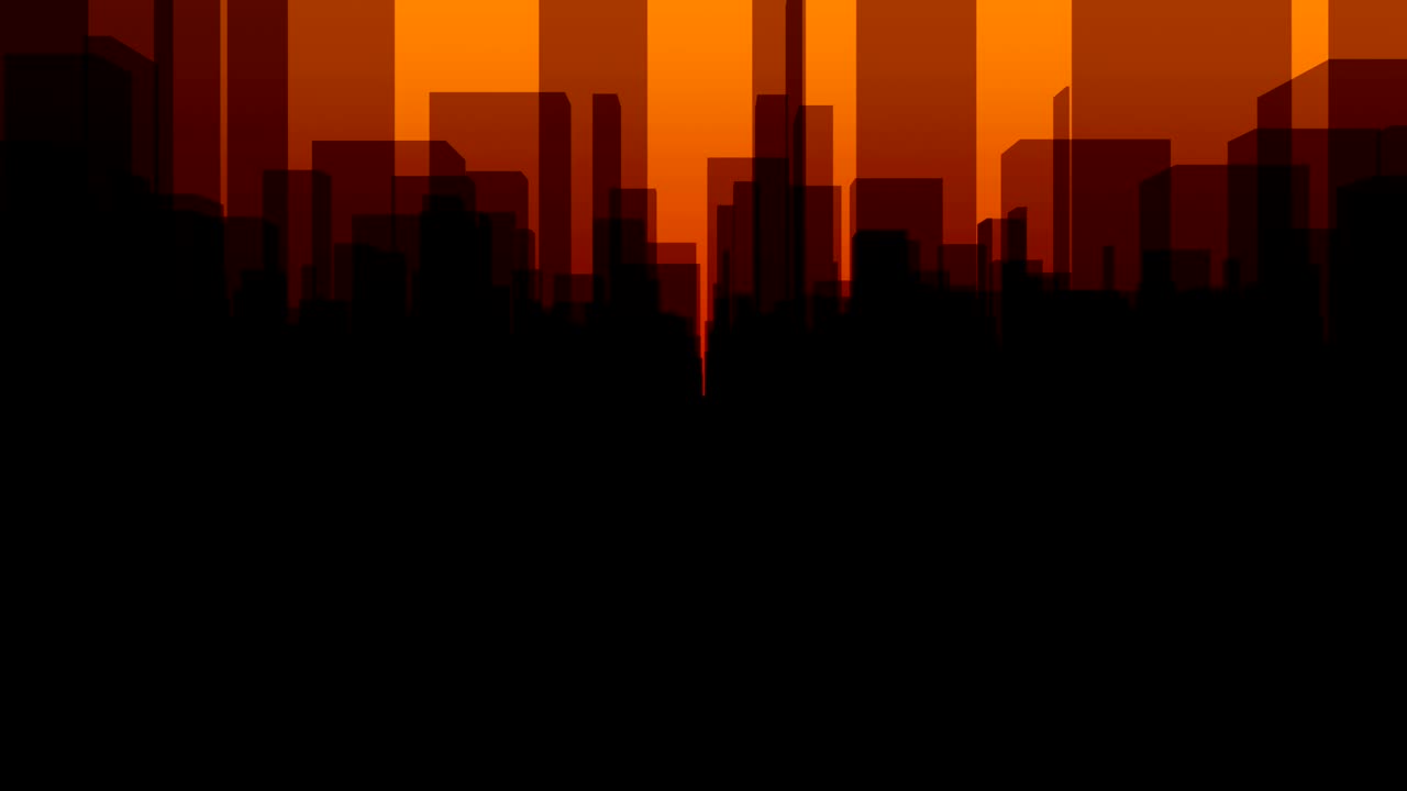 Recorrido aéreo por una ciudad virtual oscura con fondo naranja en 4K