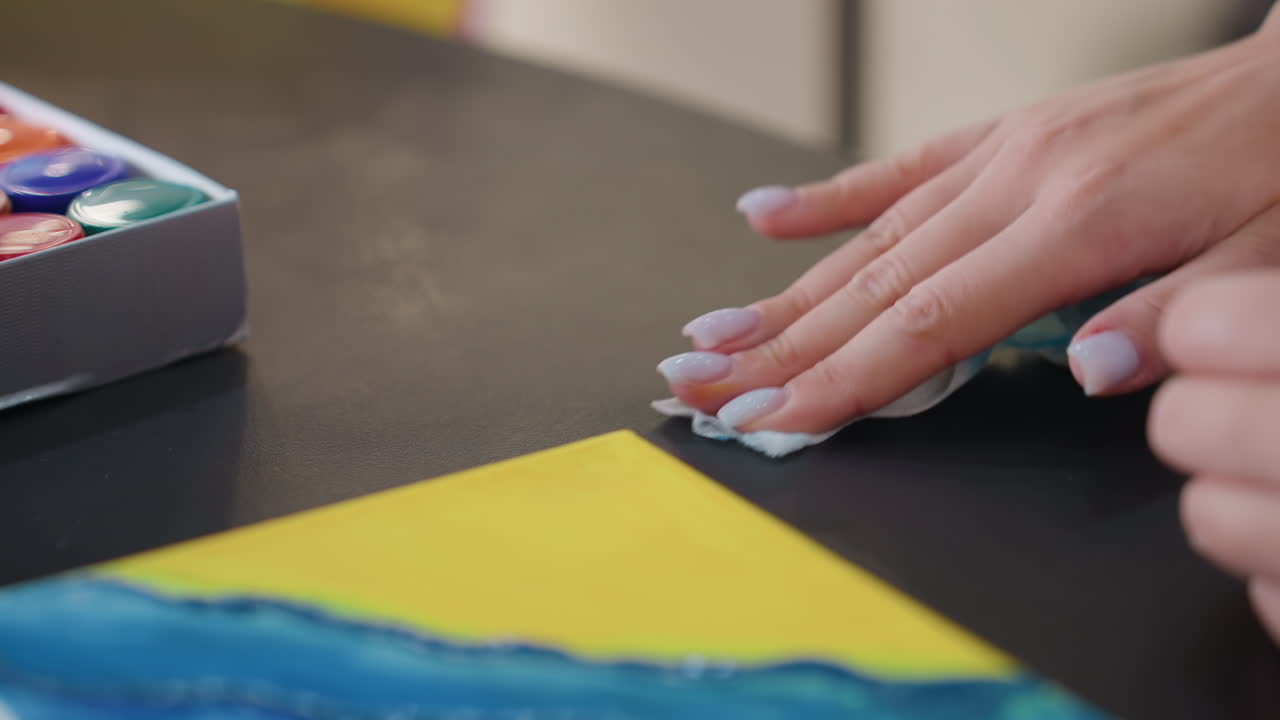 close-up hands cleaning canvas edge with cloth, yellow and blue painted triangle, watercolor set at side, tidy workspace, delicate fingertip movements, preparatory step before detailing, serene hobby