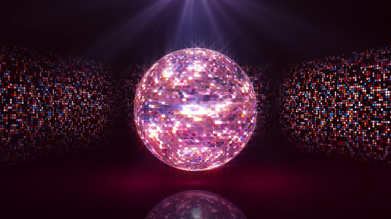 Pista da ballo futuristica con sfere da discoteca e pannelli a specchio che riflettono luci rosa dinamiche