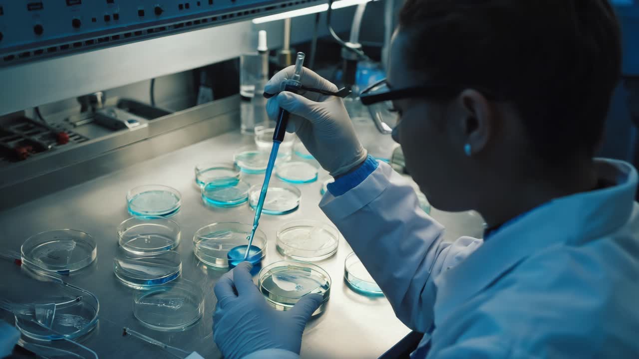 Scientist working with petri dishes and pipette in a laboratory