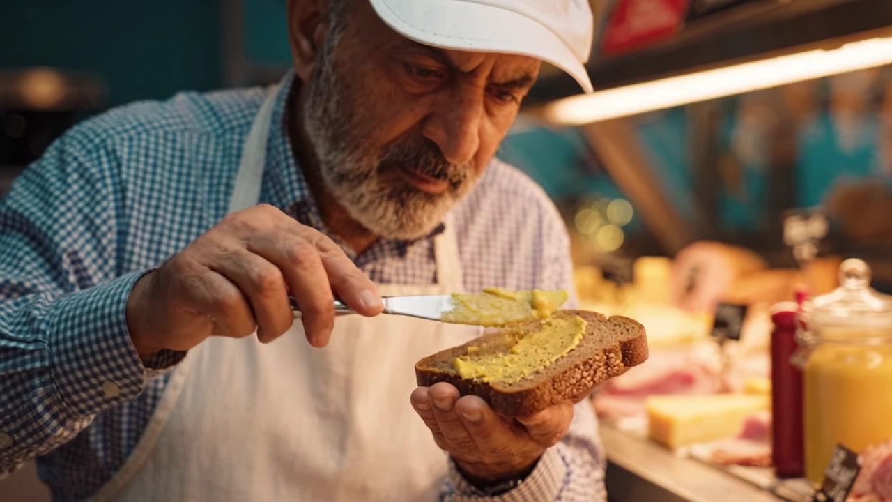 Un uomo anziano prepara con cura una fetta di pane con una crema spalmabile, mostrando la meticolosa arte di preparare panini in un'accogliente atmosfera da gastronomia.