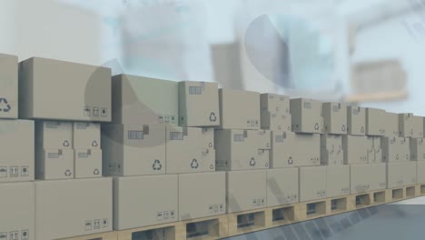 animation of statistics processing over cardboard boxes on conveyor belt