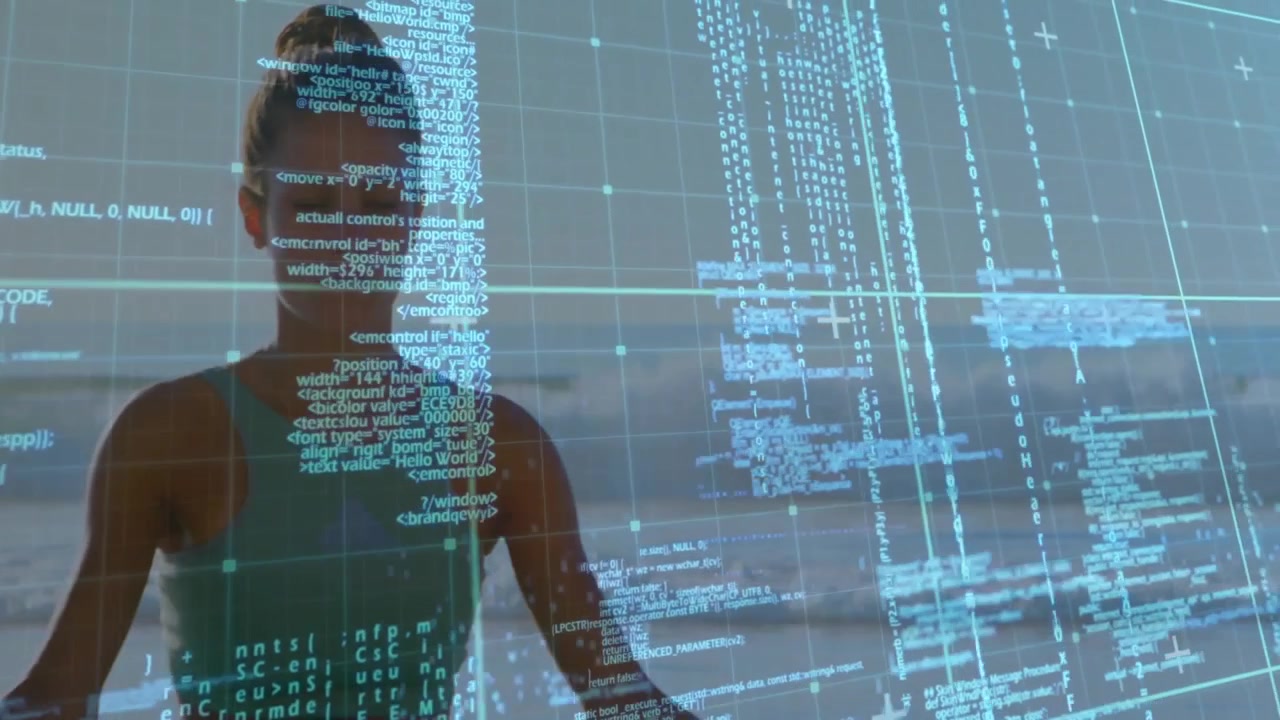 Female athlete inhaling on beach, activating digital grid overlay aligning data for wellness