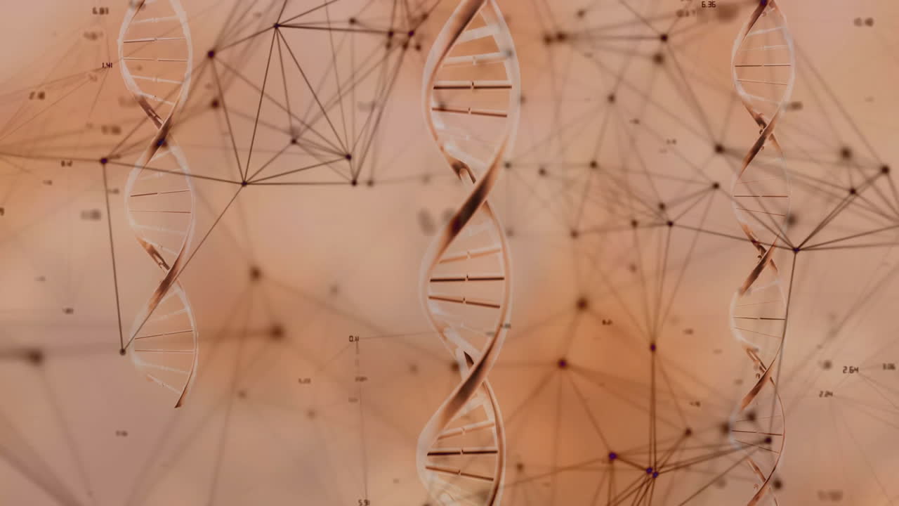 Animation showing DNA strands and network connections forming scientific data in school