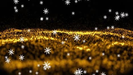 Animation-of-snow-falling-over-gold-glowing-moved-wave