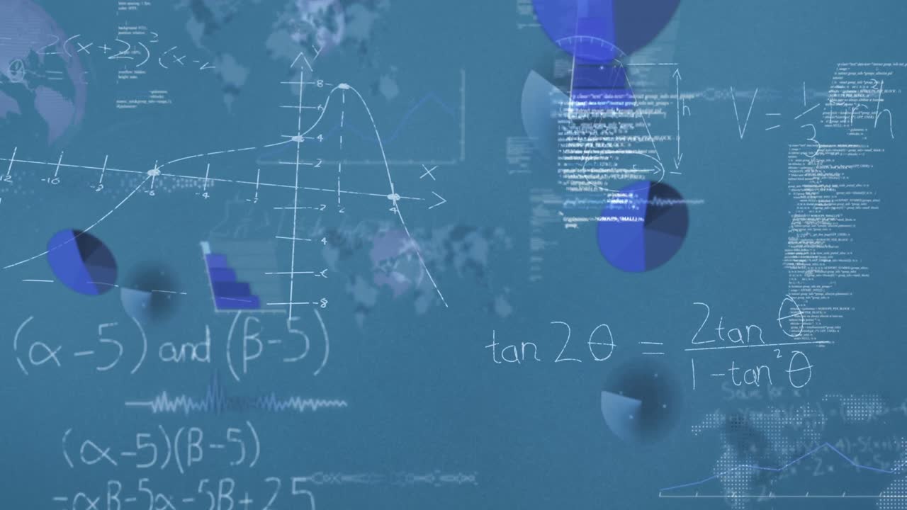 Animation of mathematical equations and data processing on blue background