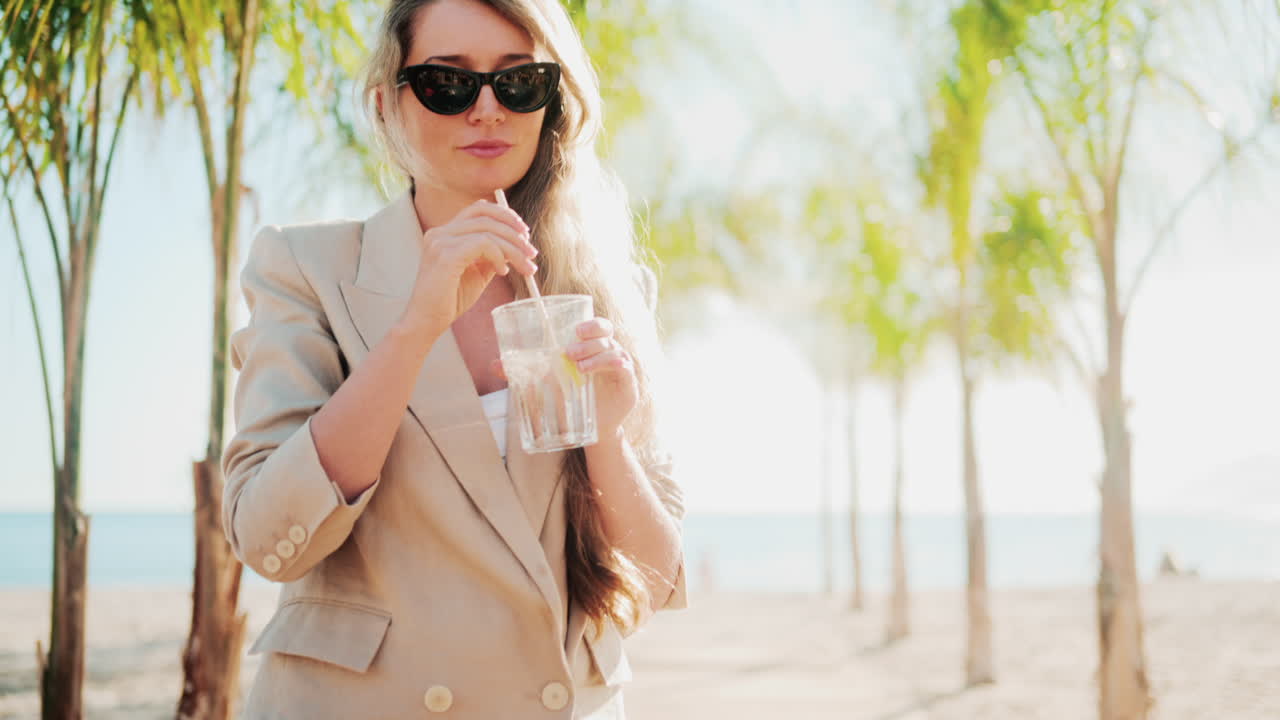 Elegant woman holding a glass of lemon water while relaxing at a beach bar under palm trees