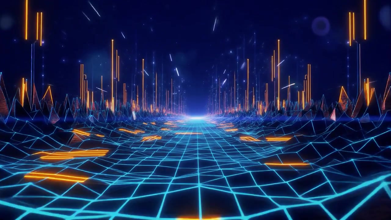Futuristic Digital Grid Landscape with Glowing Neon Lights