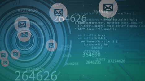 animación del lenguaje informático con íconos de mensaje y círculos de escaneo en fondo azul
