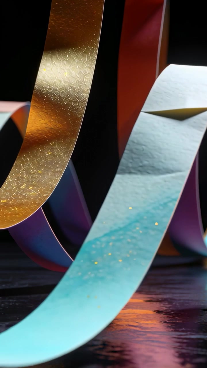 Vertical video: Panning cam showing teal paper ribbon looping on table, showing gold and red tones