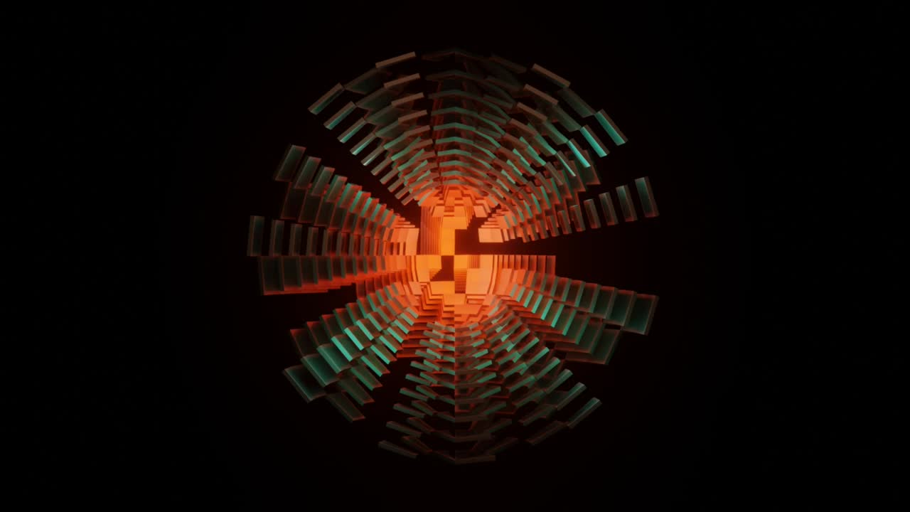 4K video animation of a colorful 3d sci-fi object with glowing energy at center.