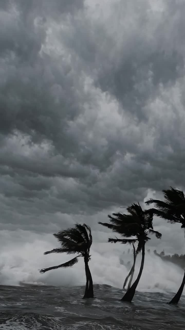 Dramatic video scene of palm trees bending in a storm, captured from a low angle