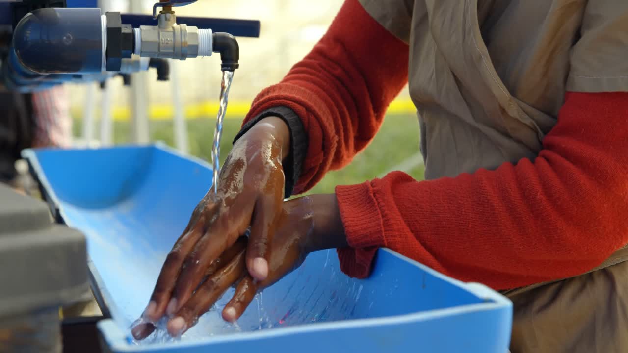 trabajador limpiando la mano en la granja de arándanos 4k