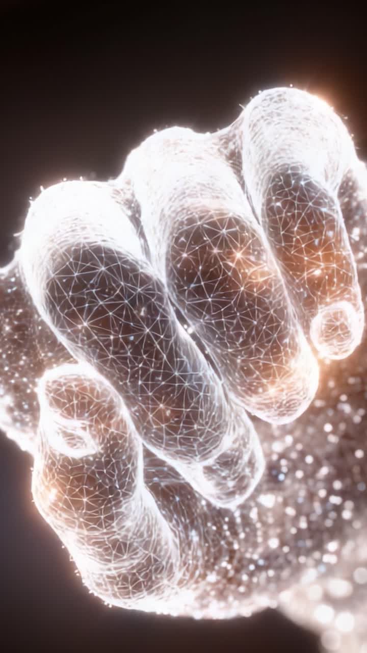 A Digital Representation of a Hand in a Futuristic Style, Highlighting the Intricate Details of the Interconnected Lines and Glowing Nodes that Form the Hand's Structure