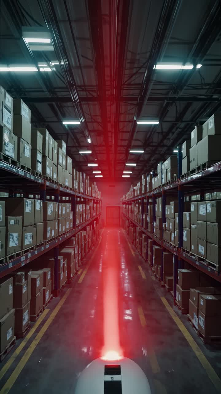 Automated robotic system navigating through a warehouse with illuminated path and stacked boxes