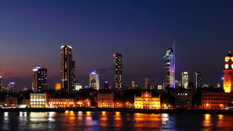night city skyline with skyscrapers and river reflection
