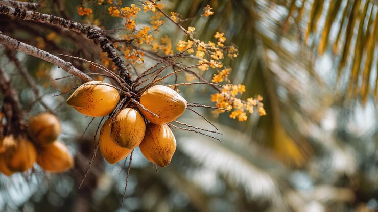 A Close-Up View of Ripe Yellow Fruits Hanging from a Tropical Tree Branch Surrounded by Lush Green Leaves and Delicate Yellow Flowers in a Natural Setting