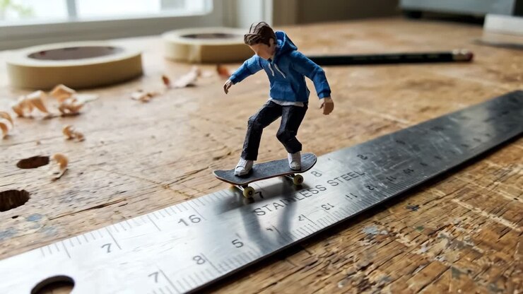 Miniature Skateboarder Figurine Performing Trick on Ruler