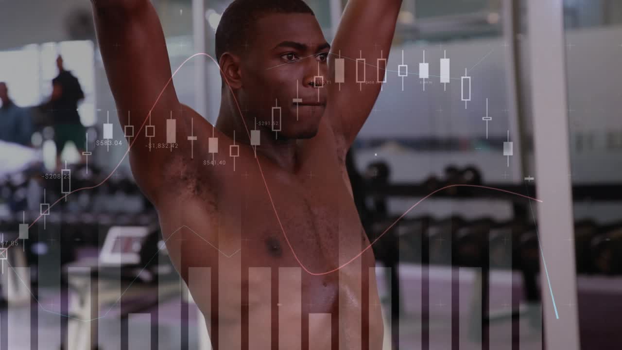 Man starting overhead lowering then pressing weights in gym training while market charts overlaying