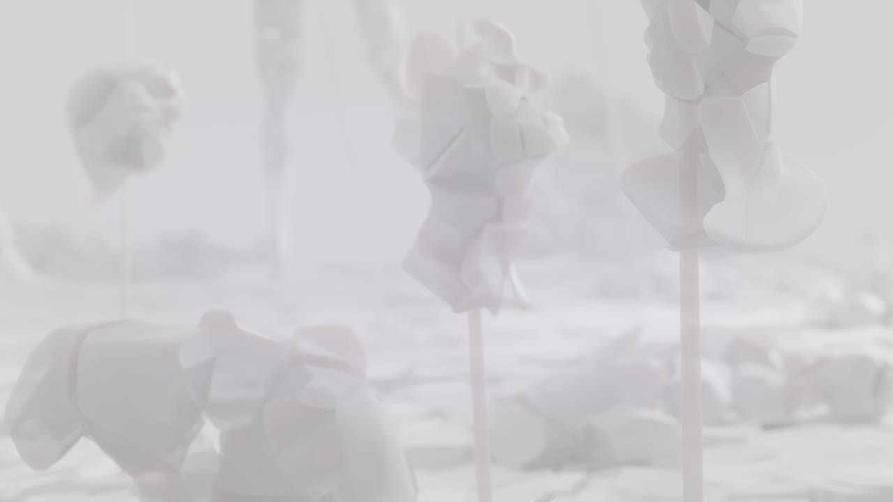 Crushed android shells on spikes on a foggy, white junkyard