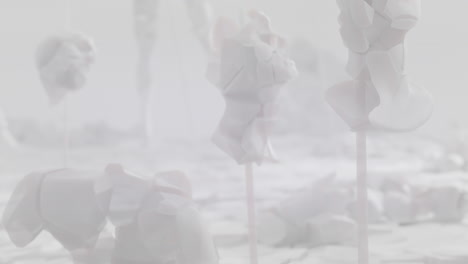 crushed android shells on spikes on a foggy, white junkyard