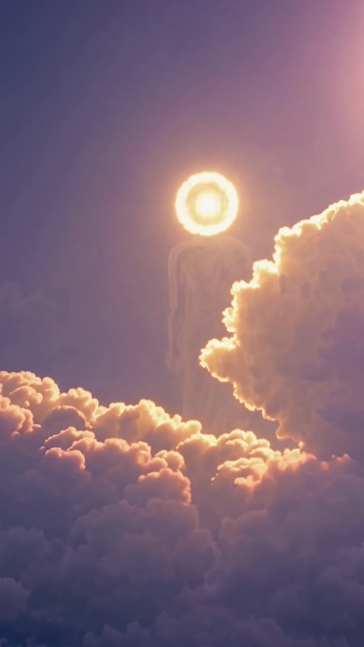 Ethereal glowing figure in clouds, captured from a low angle, evokes a celestial theme