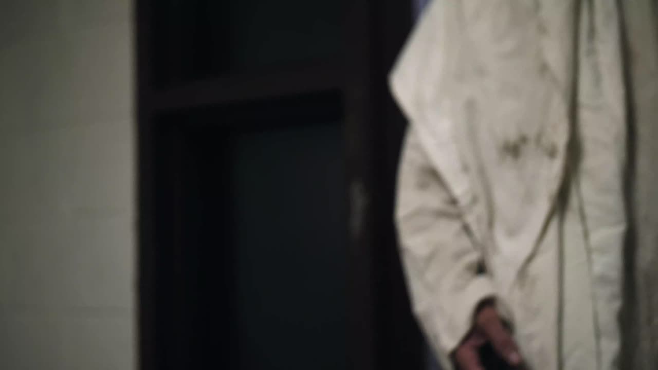 jesús con una túnica blanca extiende su mano a cámara lenta