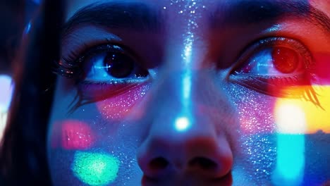 close-up of a woman's eyes with colorful lights reflecting in them