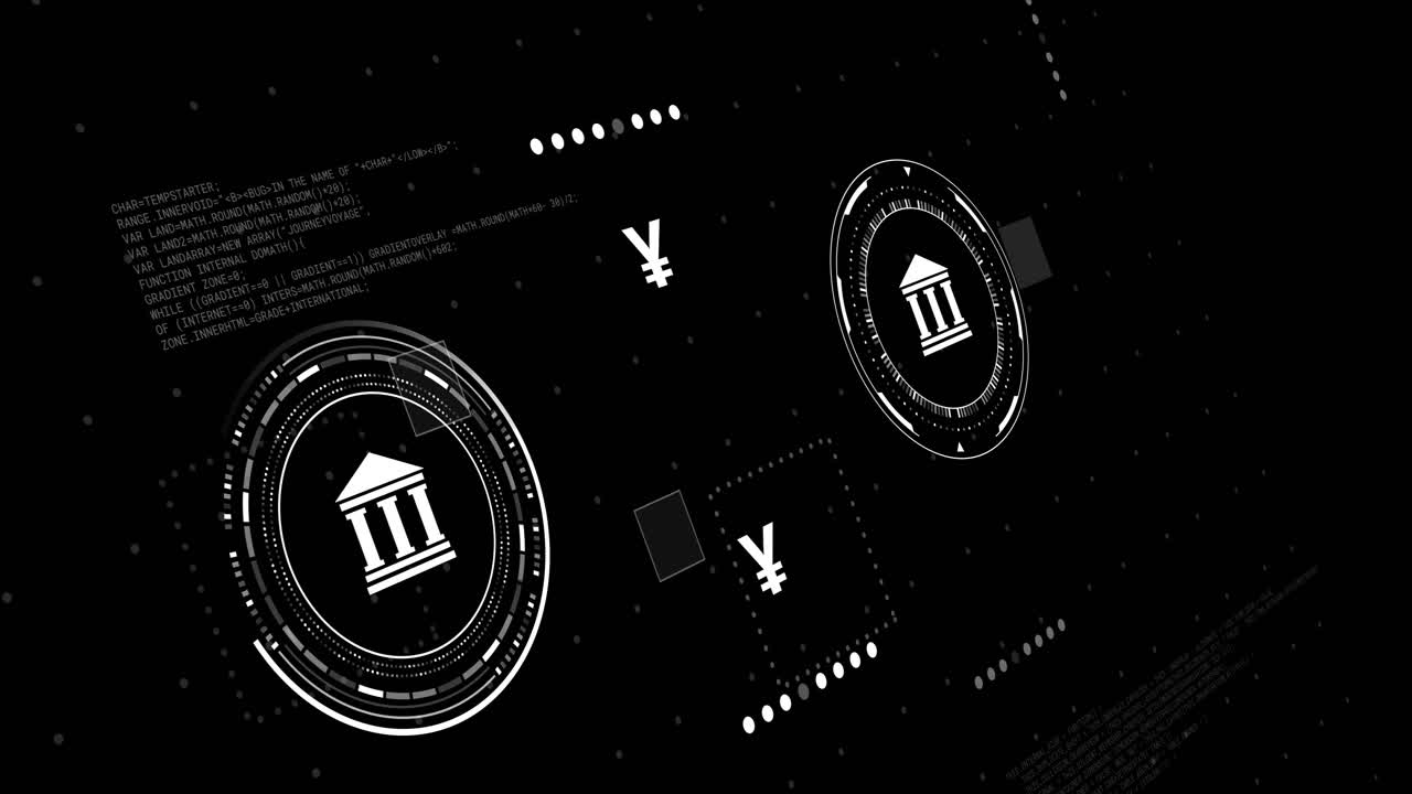 검은색 배경에 데이터 처리를 가진 통화 및 은행 아이콘의 애니메이션