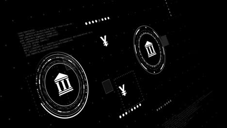 animation of currency and bank icons with data processing over black background