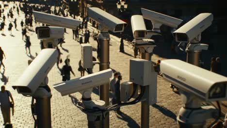 a network of surveillance cameras overlooking a crowded urban street as people go about their day, capturing every moment with precision