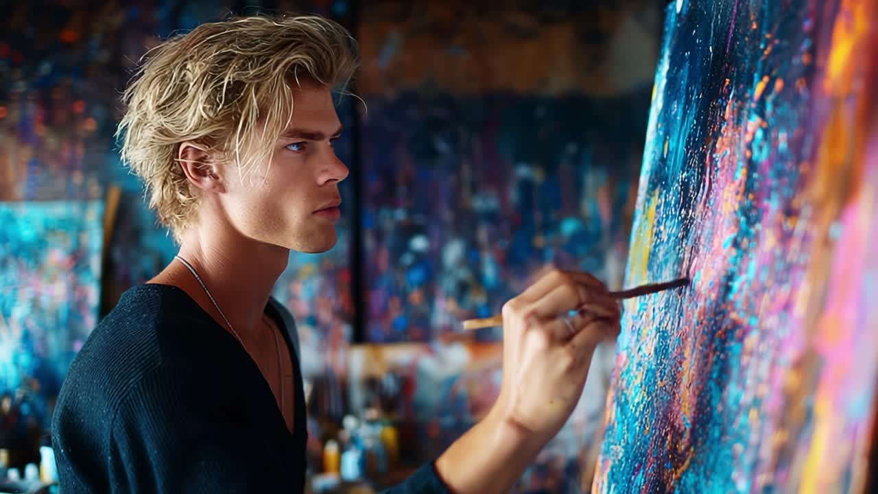 An Intense Artist Captured in Action: A Painter Immersed in Creativity, Applying Vibrant Colors to Canvas with Passion and Dedication in a Subdued Artistic Studio Environment