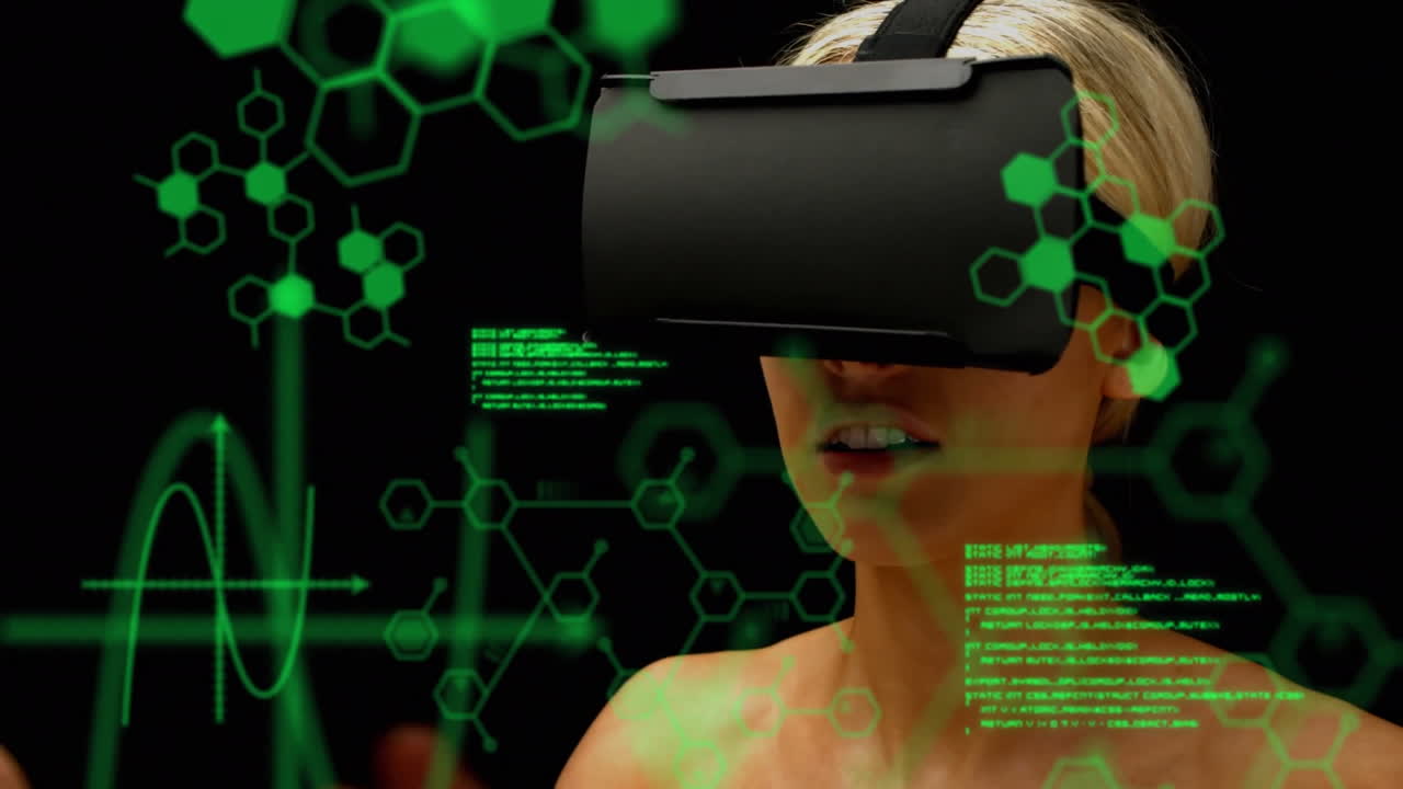 datos científicos con una mujer usando auriculares vr en el fondo