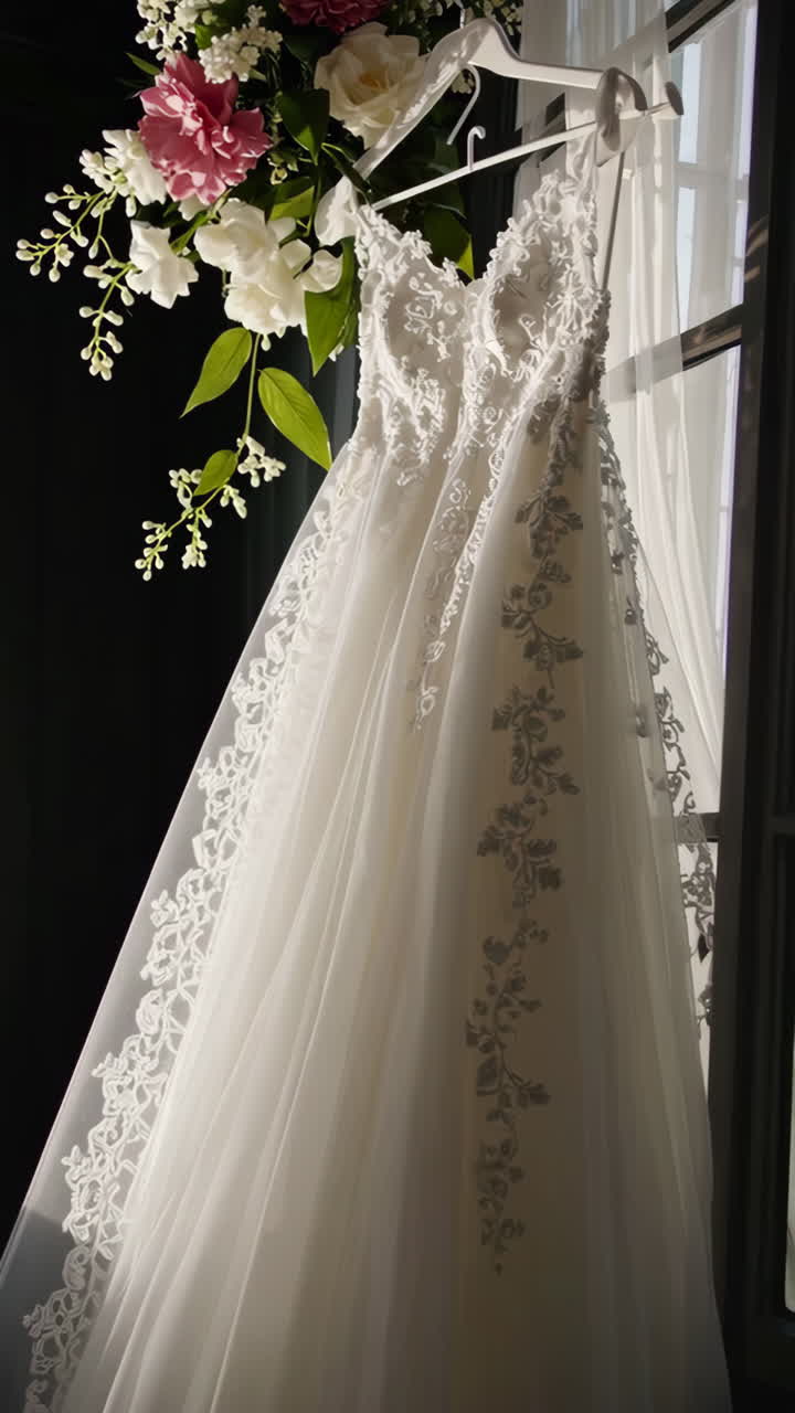 Elegant Wedding Dress Hanging by a Window