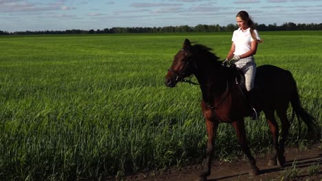 mujer a caballo en un campo verde