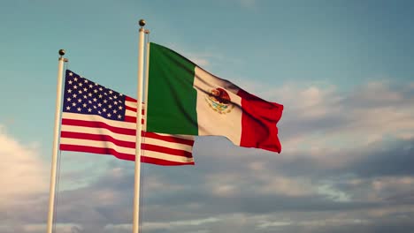 usa and mexico flags represent conflict over immigration and nafta trade agreement.