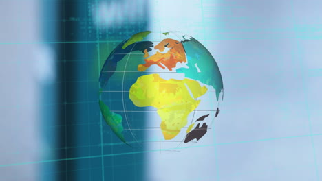 animación de globo giratorio y datos, sobre hombres de negocios que se dan la mano