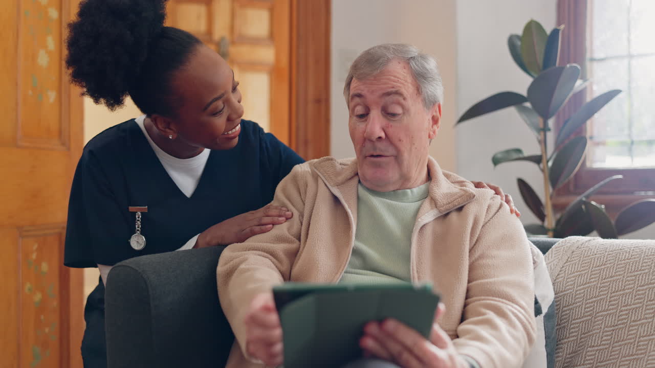 Healthcare, tablet and an elderly man
