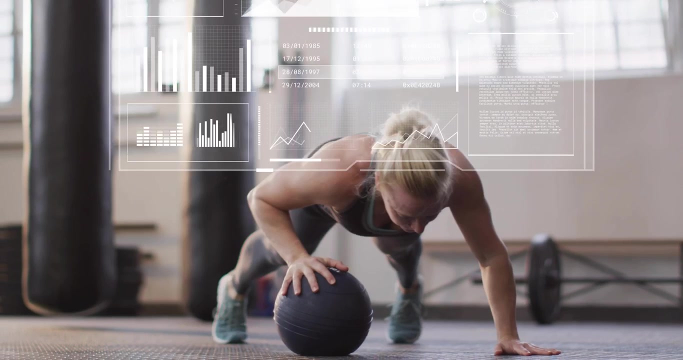 Donna che inizia un plank su una palla medica, facendo flessioni alternate per il fitness con un'interfaccia HUD sovrapposta.
