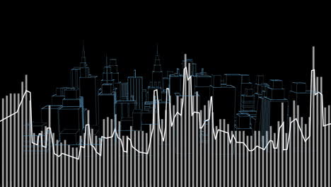 city skyline with fluctuating graph animation over black background