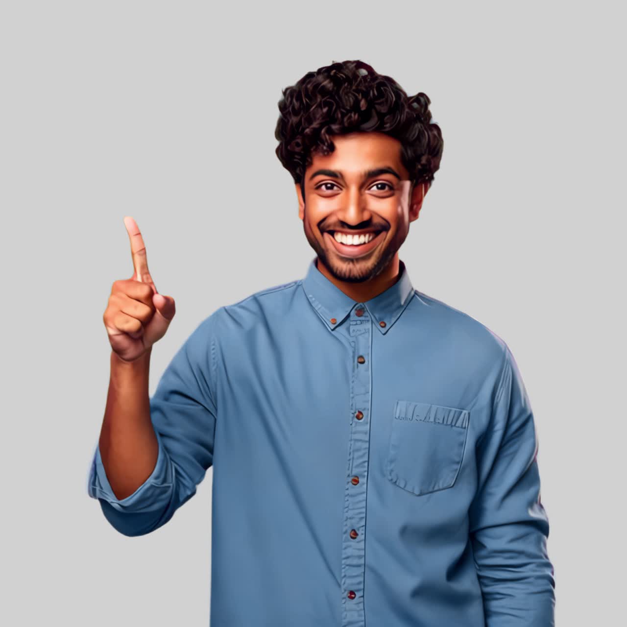 Smiling man pointing upward animation isolated asset, transparent 4K video, alpha channel, ProRes