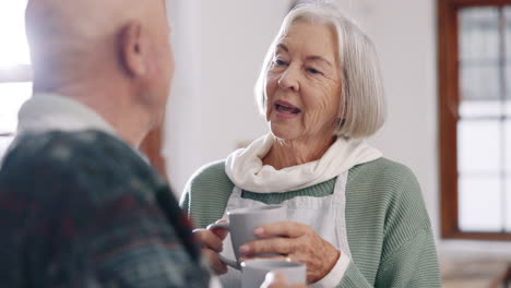 Elderly-couple,-laughter-or-coffee-in-conversation