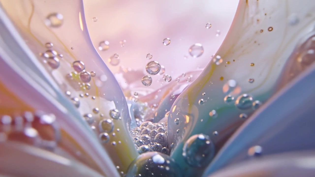 Goccioline trasparenti che cadono colpendo pieghe di petali lucidi e viscosi in uno studio macro, formando bolle centrali